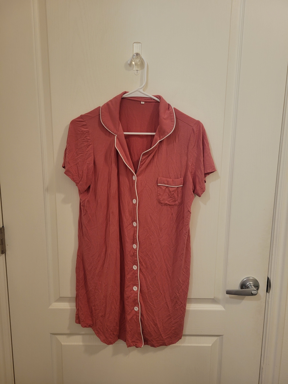 Women's Short Sleeve Button-Front Nightshirt - Rose with White Piping